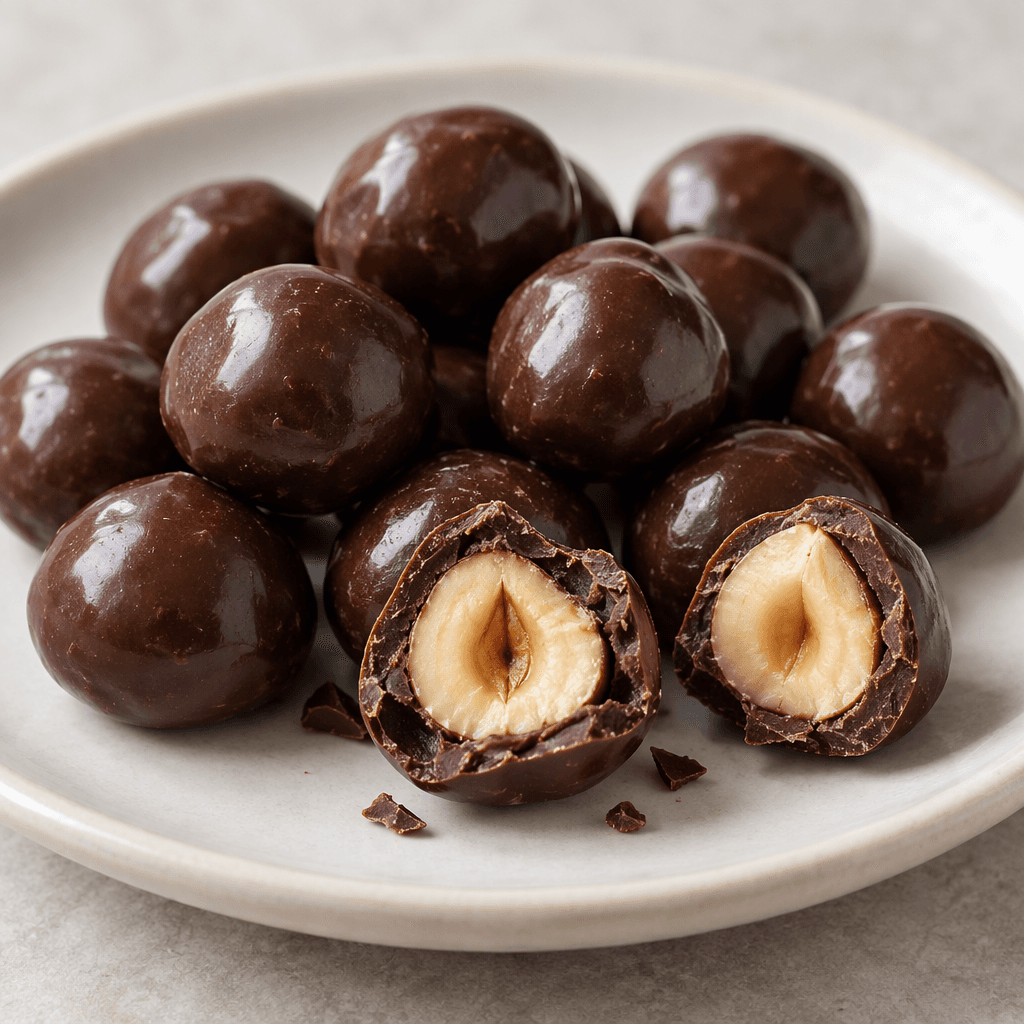 Small, rounded chocolate candies with a smooth, glossy dark-brown coating, some broken open to reveal a pale golden hazelnut center, arranged on a plain plate.