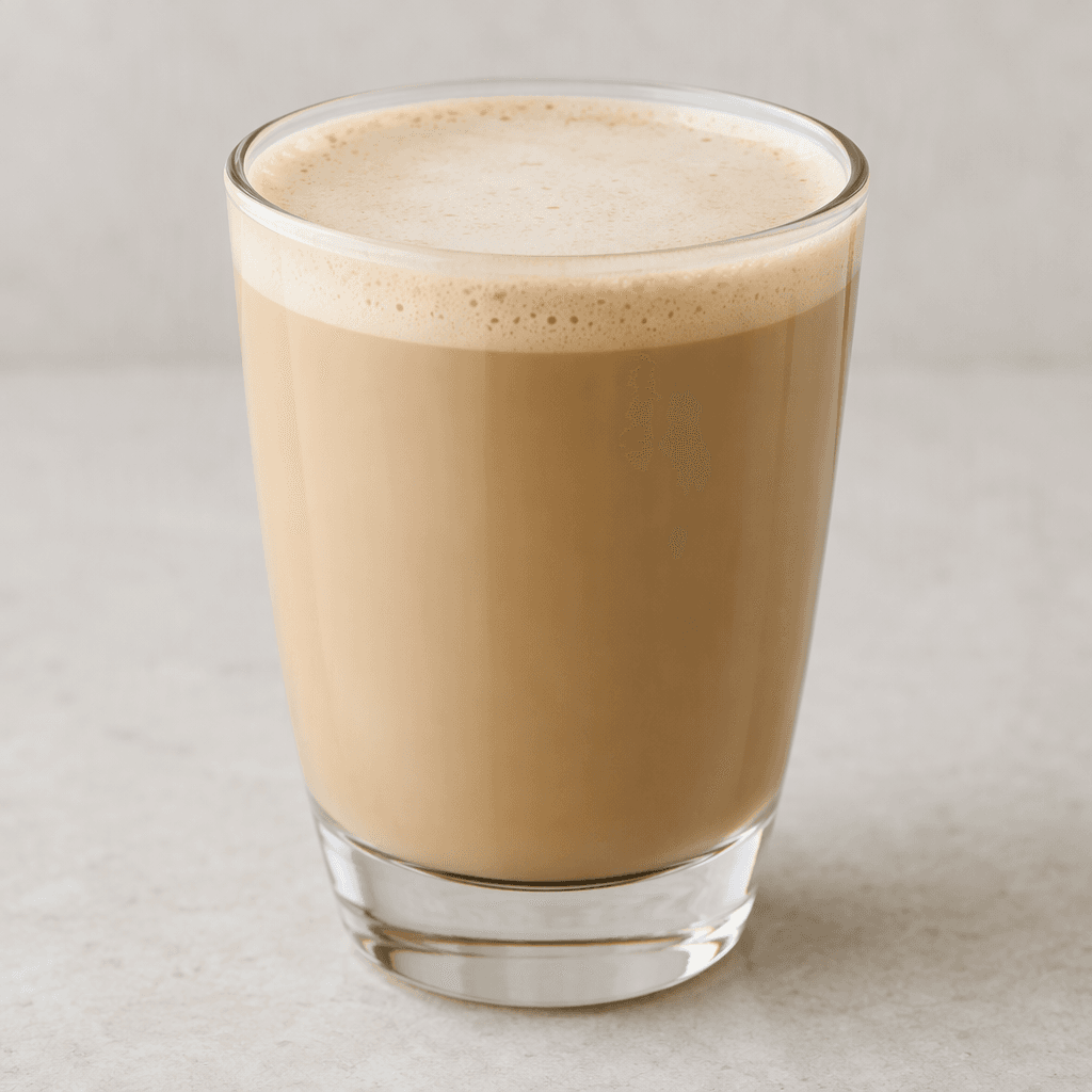 A pale, creamy-brown drink served in a clear glass, with a smooth surface and a light layer of foam.
