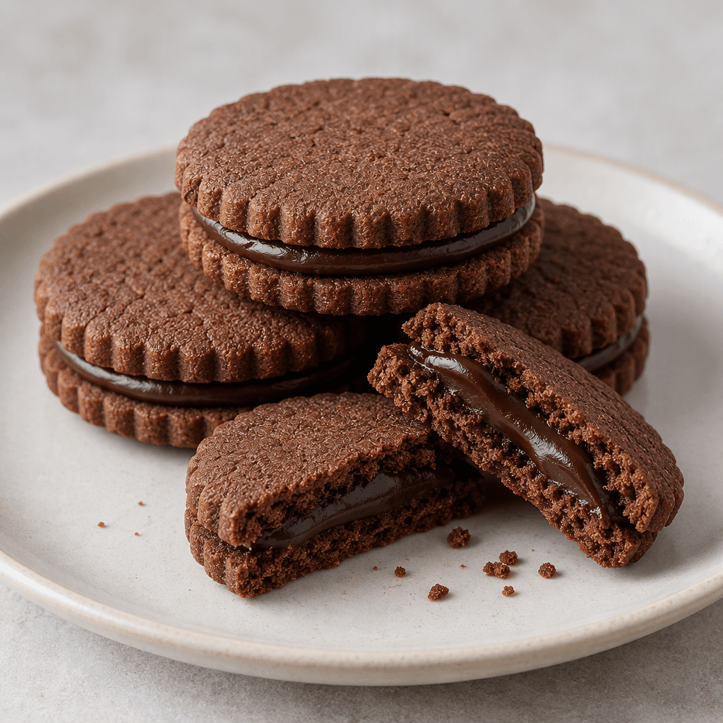 Several round, dark-brown cocoa biscuits with lightly ridged edges and a visible layer of dark chocolate filling are stacked on a plain plate, with one broken open to show the filling.