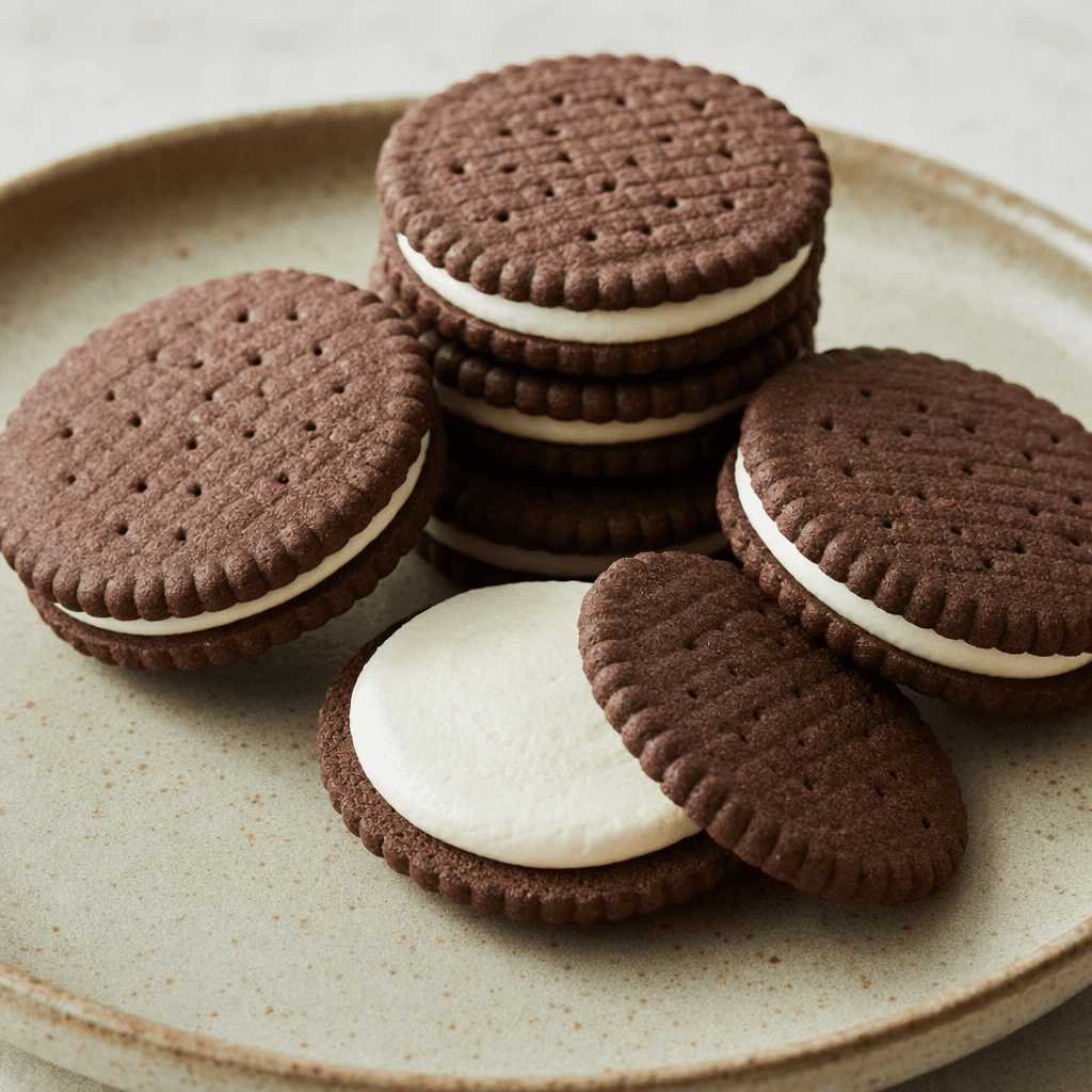 Dark brown, round cocoa biscuits with lightly ridged edges and a pressed surface sandwich a thick white cream layer, with one cookie opened to show the filling.