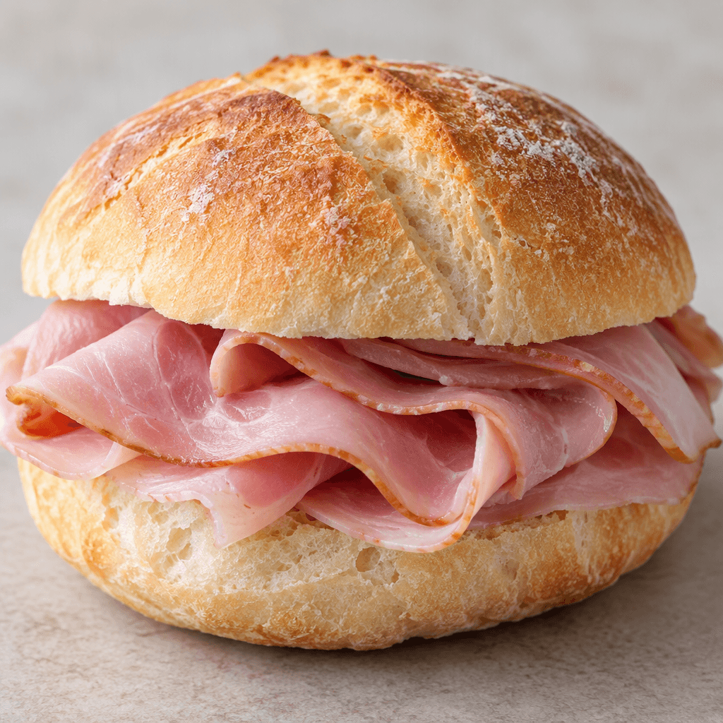 A sandwich with soft, lightly browned bread and folded pink ham slices visible between the halves.