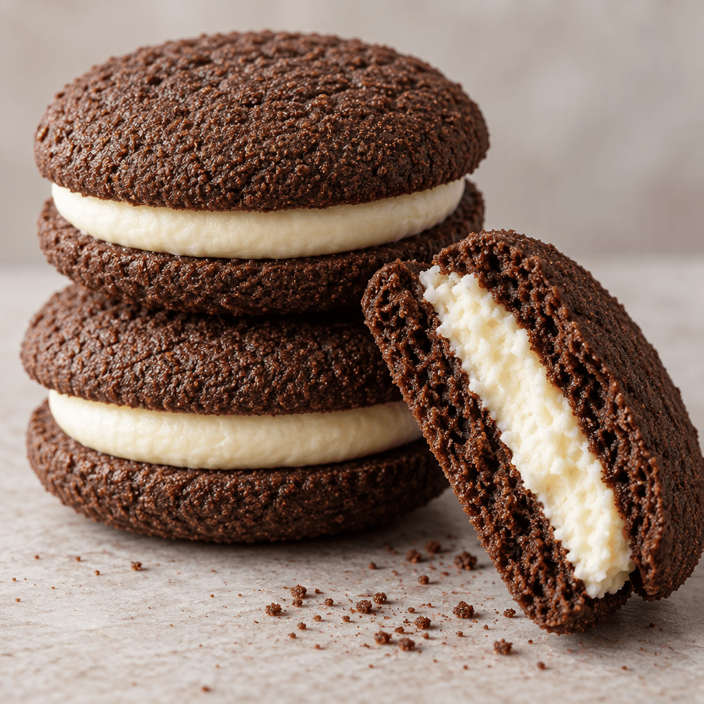 Dark brown cocoa biscuits with a fine, slightly rough surface are stacked beside one biscuit split open to show a thick pale cream filling.