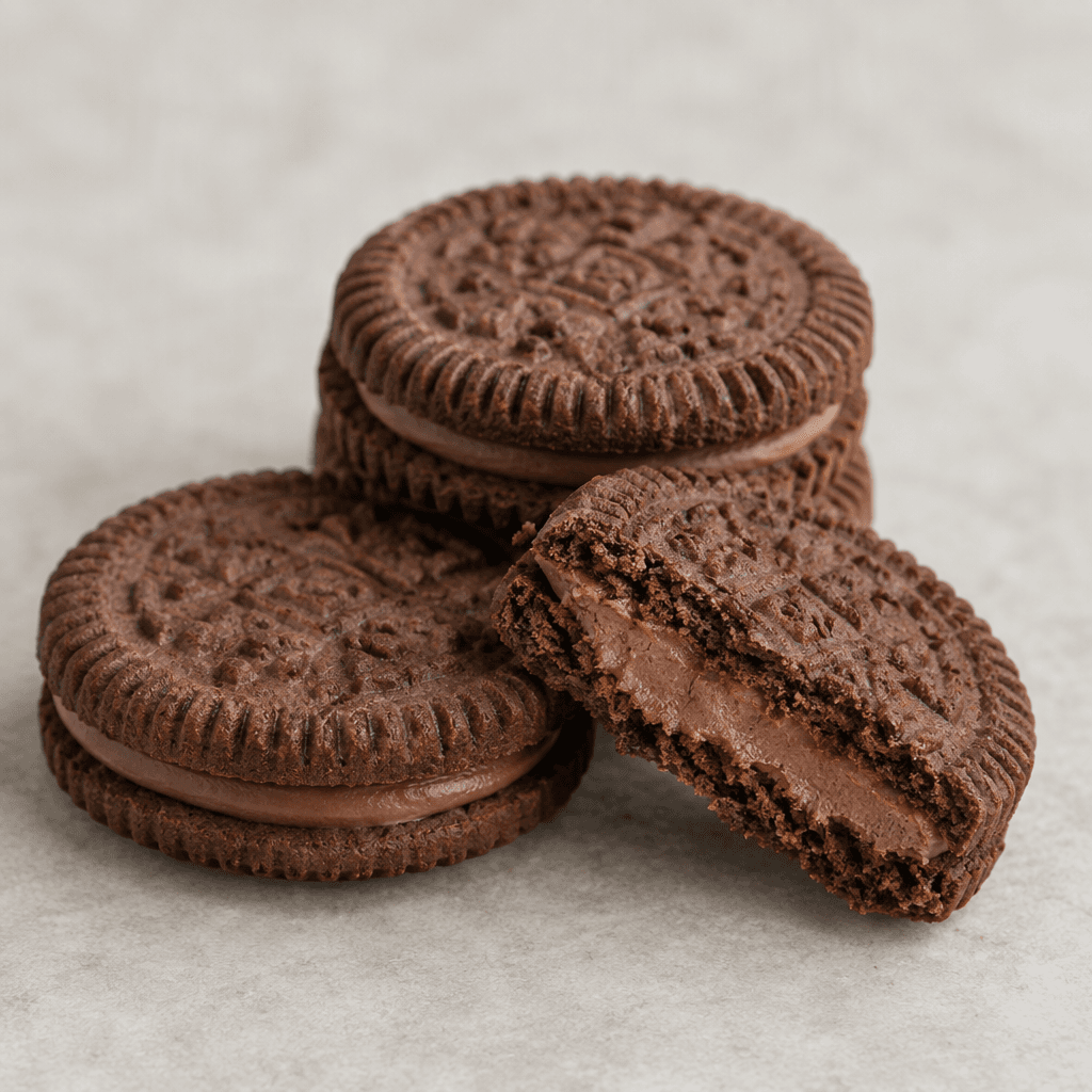 Dark brown round cocoa biscuits with a lightly ridged edge and an embossed surface sandwich a visible layer of smooth cocoa cream, with one biscuit broken open to show the filling.