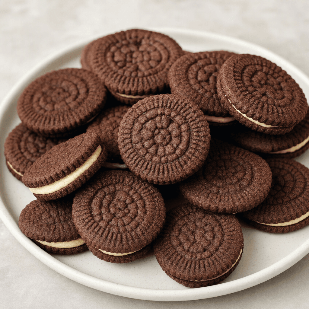 Dark brown, round cocoa biscuits with lightly ridged edges and an embossed top are sandwiched around a visible layer of pale cream, with several stacked and scattered on a plate.