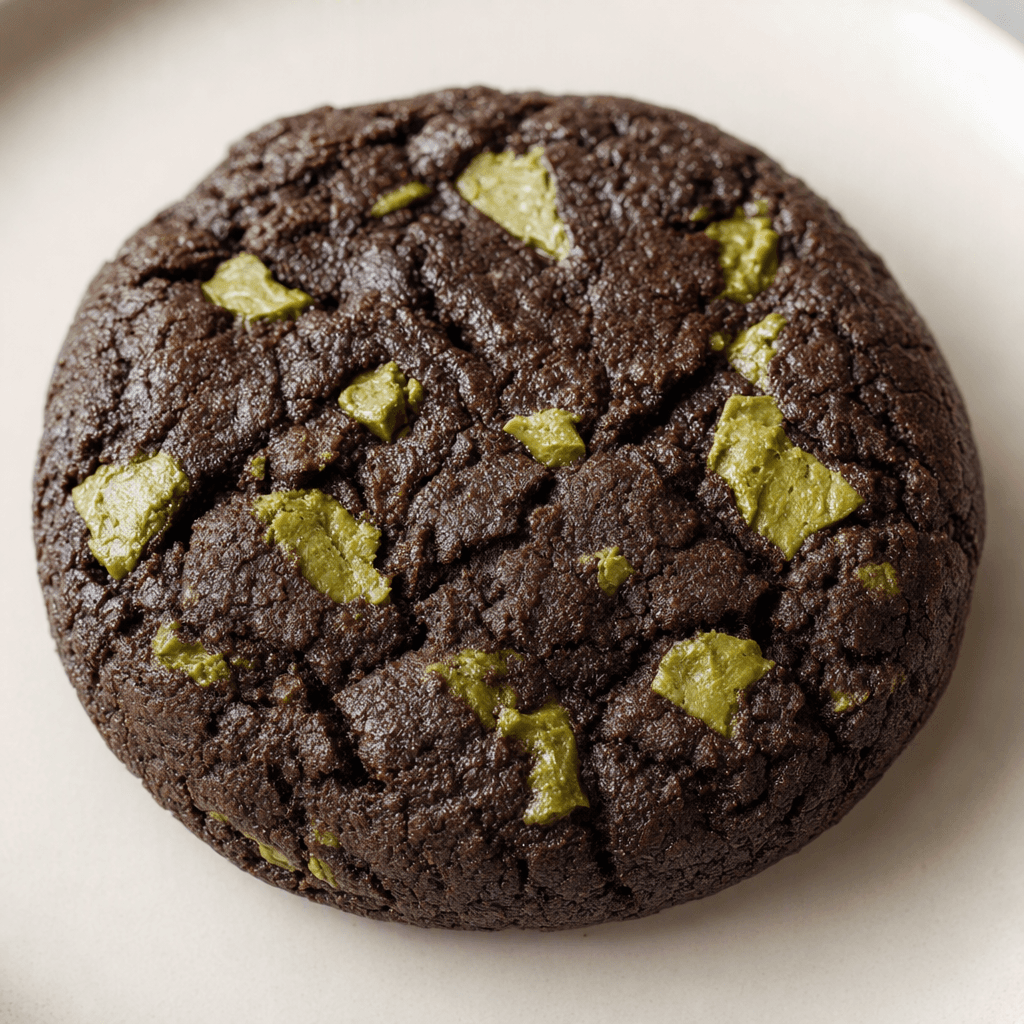 A thick, round, dark charcoal-brown cookie with a slightly craggy surface and visible pale-green matcha-colored pieces, served on a plain plate.