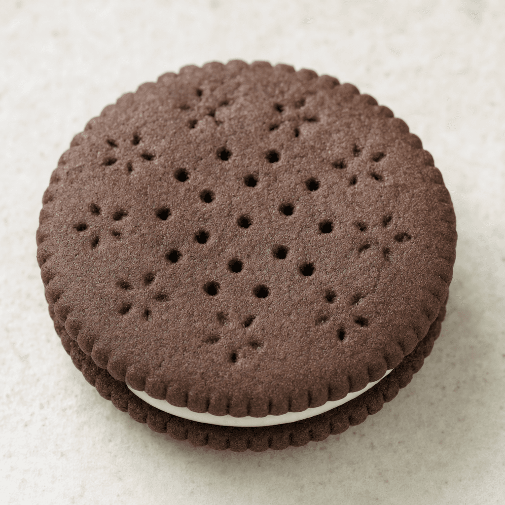 A round sandwich biscuit has two dark brown, lightly embossed cocoa biscuits with a thin layer of pale cream visible between them.