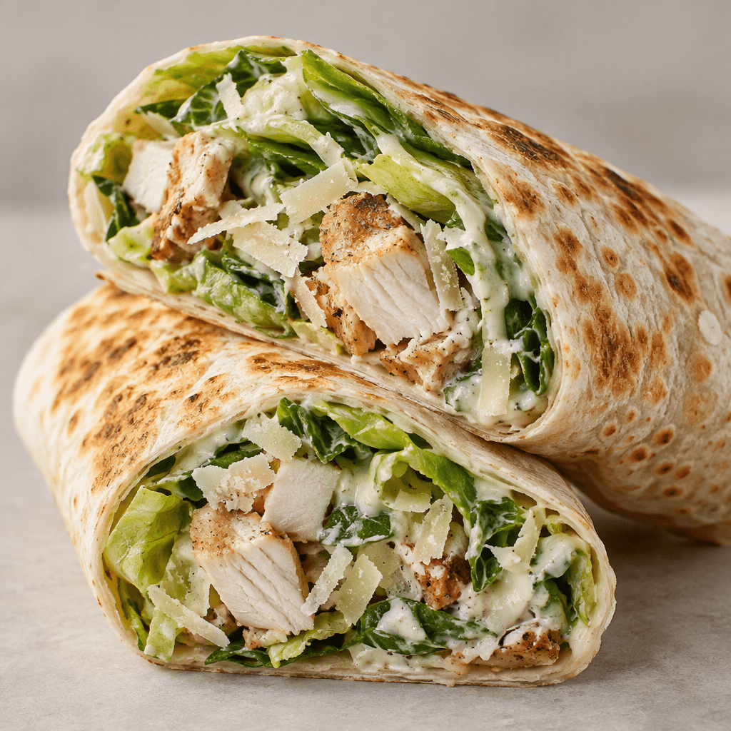 A pale golden flour wrap, lightly toasted with scattered brown patches, is cut diagonally to show pieces of chicken, crisp green lettuce, creamy dressing and fine pale cheese shavings inside.