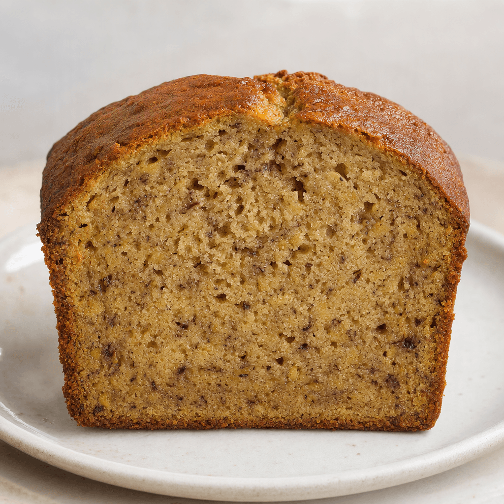 A thick slice of banana bread with a gently domed, deep golden-brown crust and a dense, moist-looking tan crumb flecked with darker bits, served on a plate.
