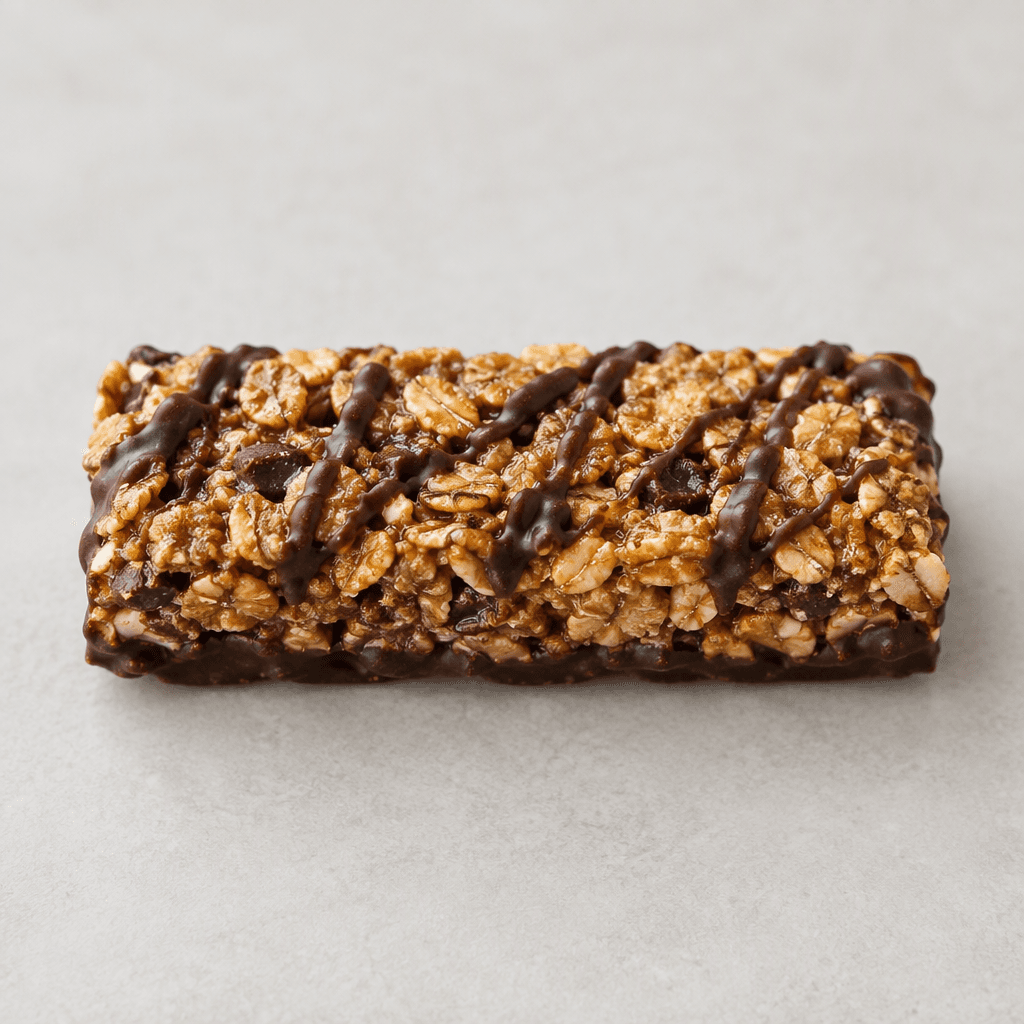 A slim rectangular cereal bar with a rough, tightly pressed surface of golden-brown grain flakes and a dark brown chocolate coating or drizzle visible across the top and edges.