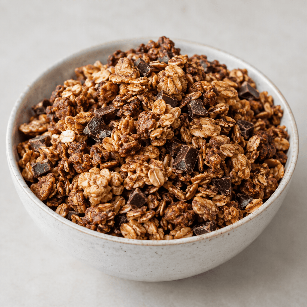 Loose crunchy granola made of irregular toasted oat clusters and flakes in golden brown to dark cocoa-brown tones, with small darker chocolate pieces scattered throughout and served as a mound in a bowl.