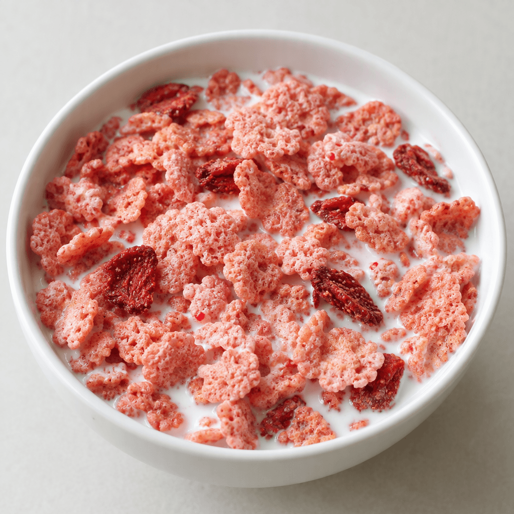 A bowl of crisp, irregular strawberry-pink cereal pieces with a few darker red dried-strawberry bits, served with white milk.