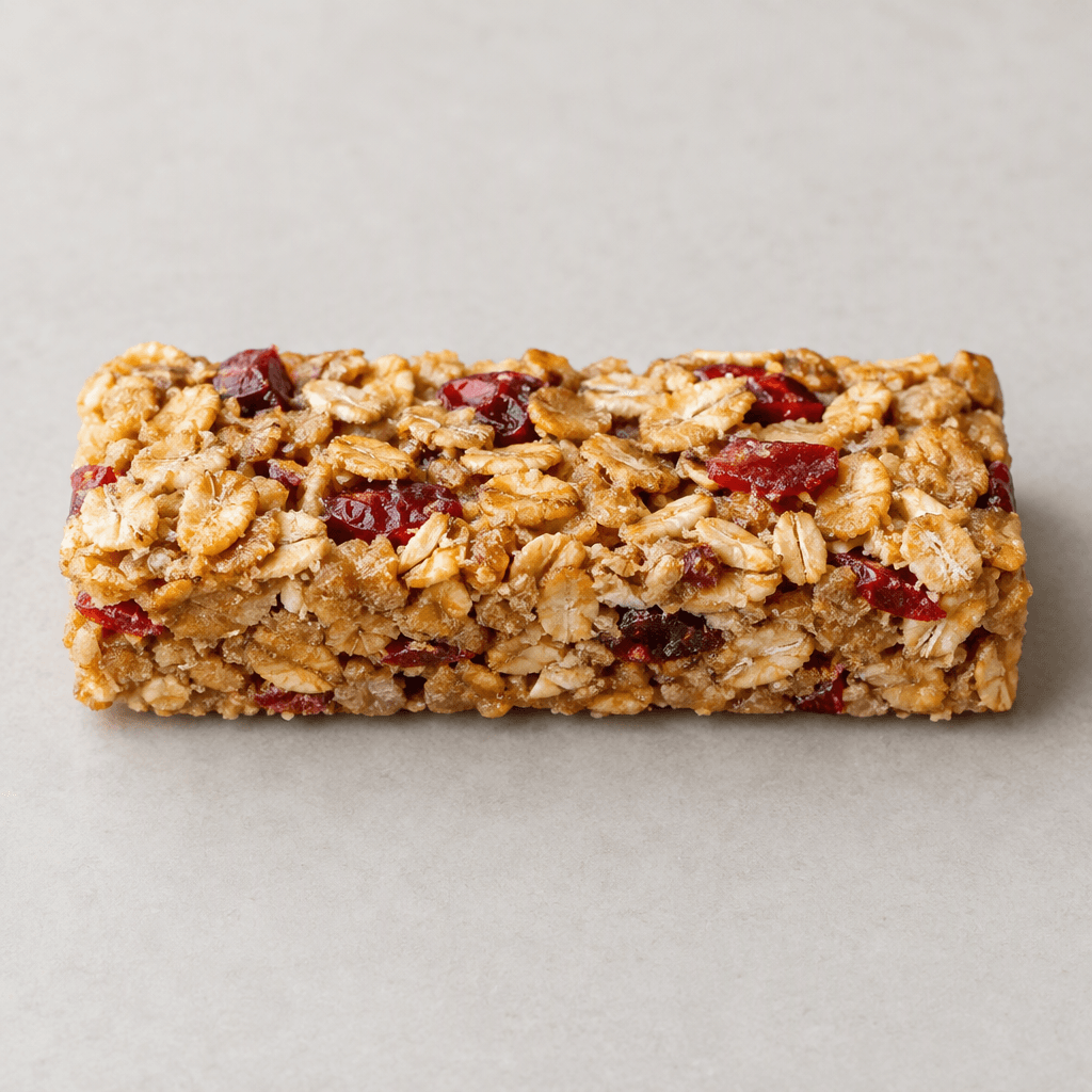 A slim rectangular cereal bar with a golden-brown surface of pressed oat flakes, scattered red berry pieces, and a slightly crumbly texture, served whole on a plain surface.