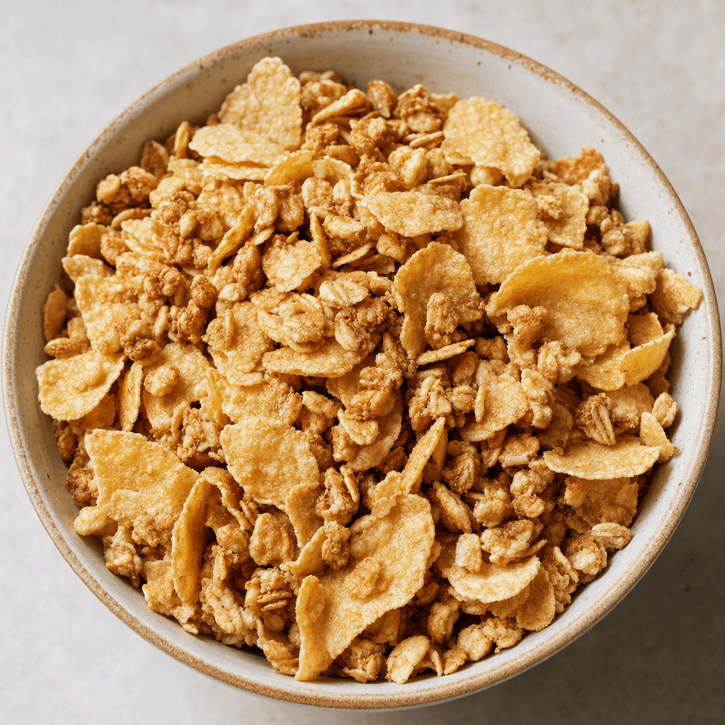 A bowl of mixed crisp cereal pieces, with thin golden-tan flakes and small irregular toasted-grain clusters.