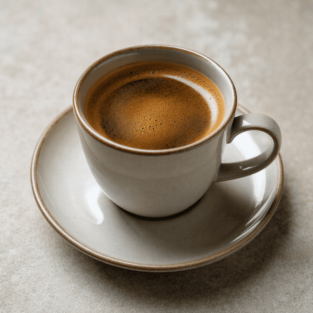 A small cup of dark brown coffee with a thin, tawny crema on the surface, served plain on a saucer.