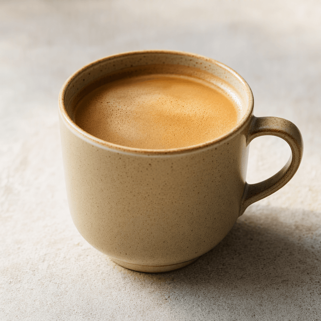 A long, light-brown coffee with a thin crema and a small amount of almond milk, served in a cup.