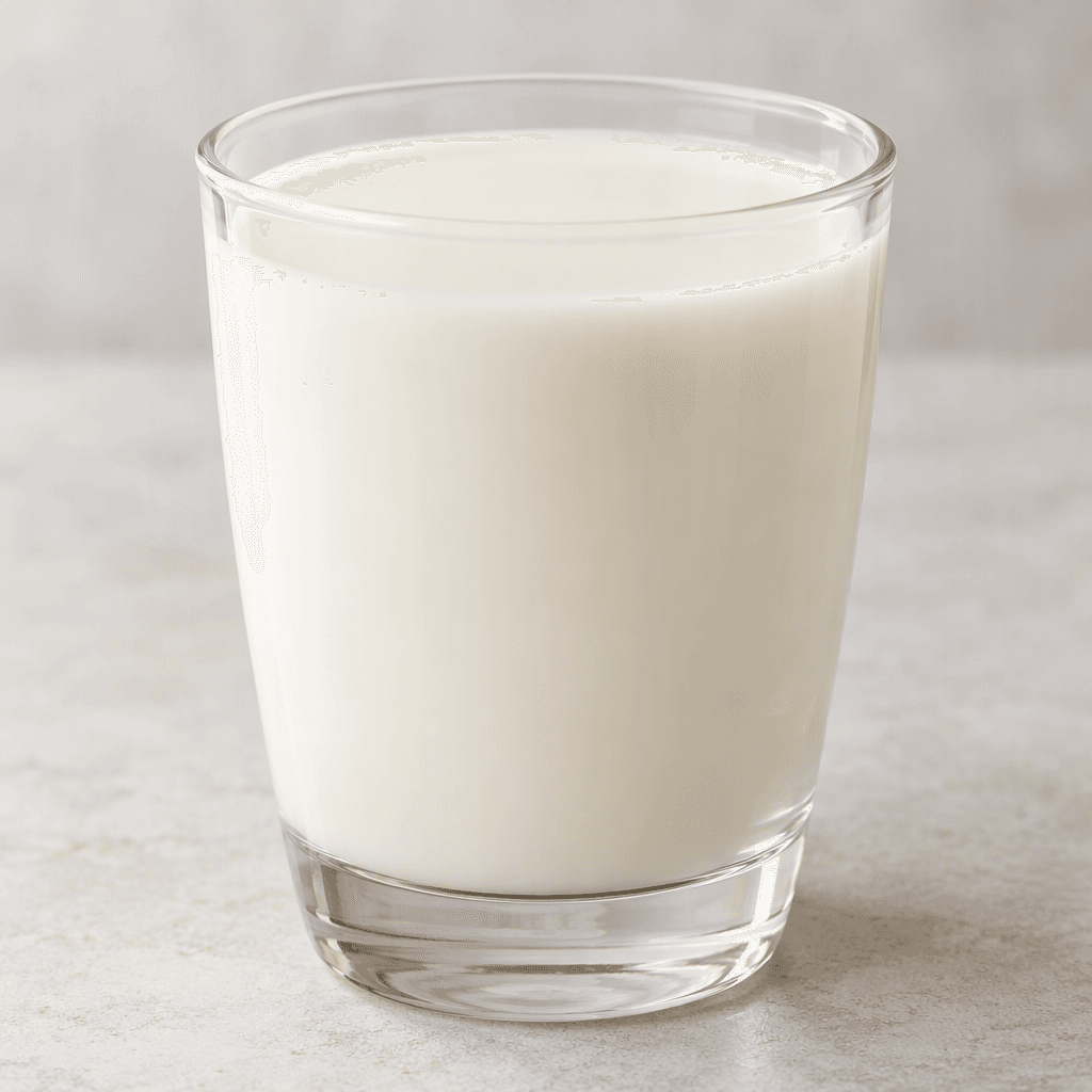 A smooth, opaque, pale ivory milk drink sits in a clear glass, with an even surface and no visible pieces.