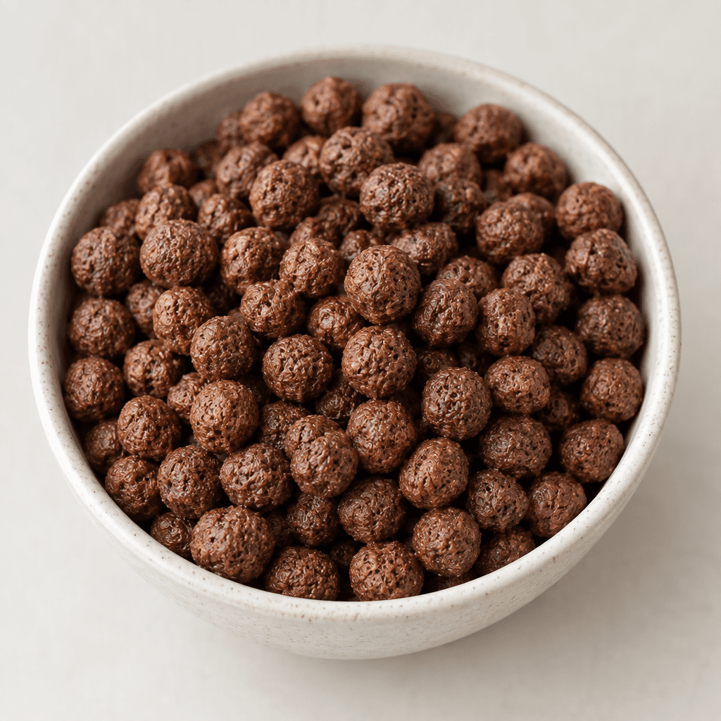 Small, round, puffed cereal pieces in a rich chocolate-brown colour, with a lightly rough, porous surface, are scattered in a bowl.