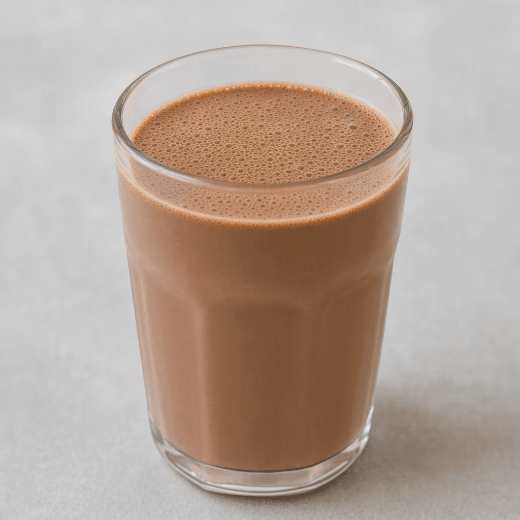An opaque, smooth light-brown chocolate drink fills a clear glass, with a thin layer of tiny bubbles on its surface.