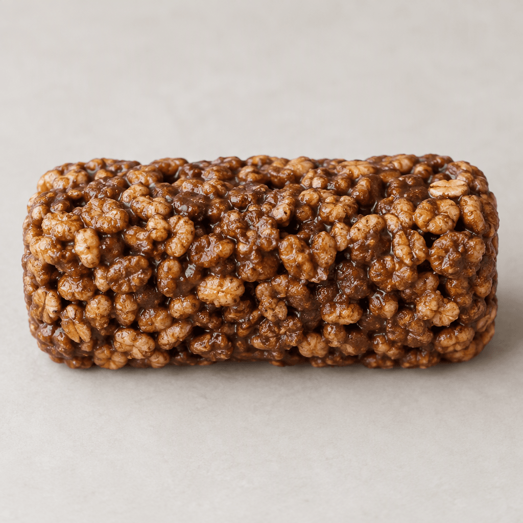 A compact, rectangular cereal bar with rounded corners, its uneven surface showing small golden-brown crunchy grains bound together with brown chocolate.