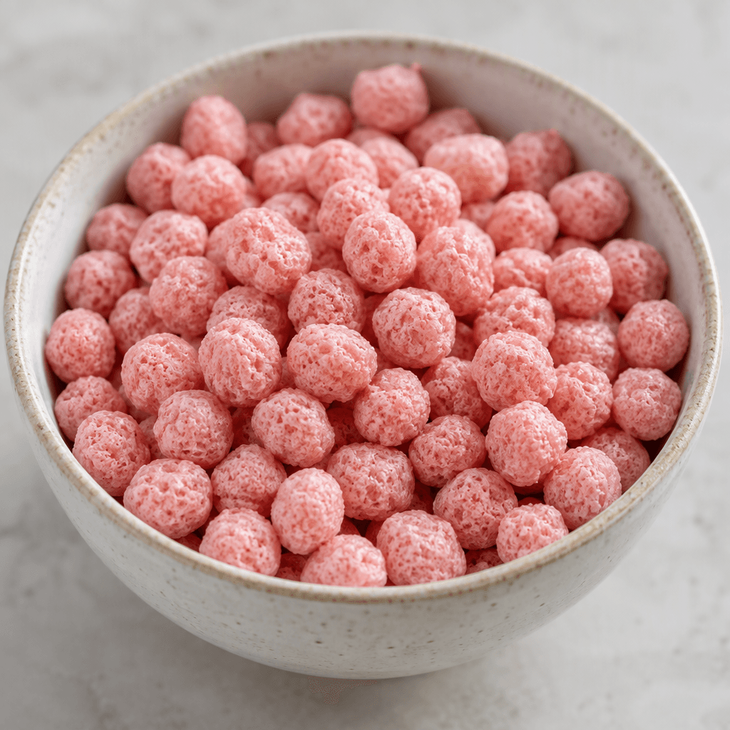 Small, round, puffed cereal pieces in a uniform pale pink, with a dry, lightly rough surface, are scattered in a bowl.