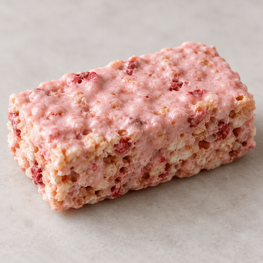A short, rectangular cereal bar with a pale pink coating, a slightly uneven surface, and visible crisp cereal pieces and small darker pink bits along its edges.
