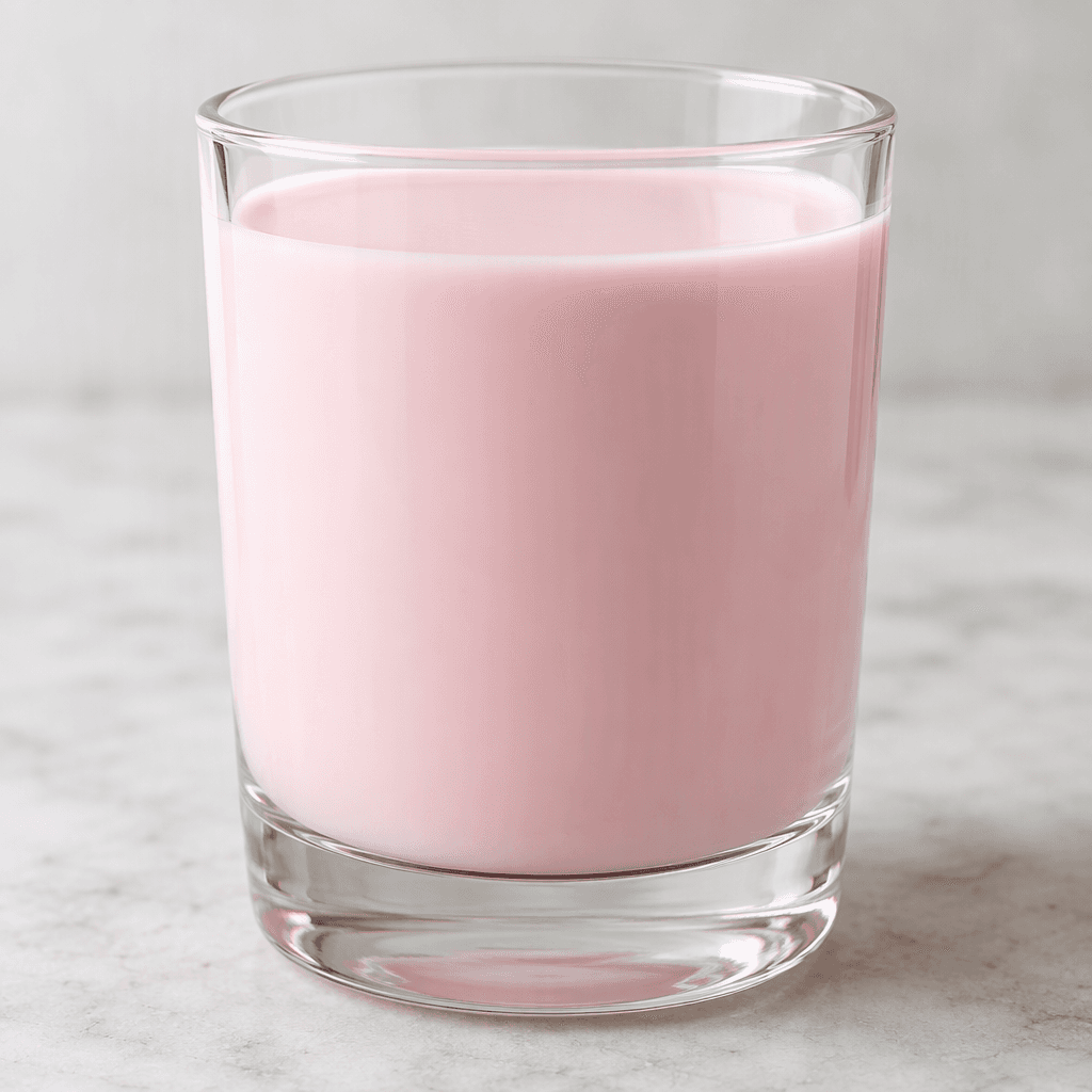 Pale pink, smooth, opaque milk fills a clear glass, with an even surface and no visible pieces.