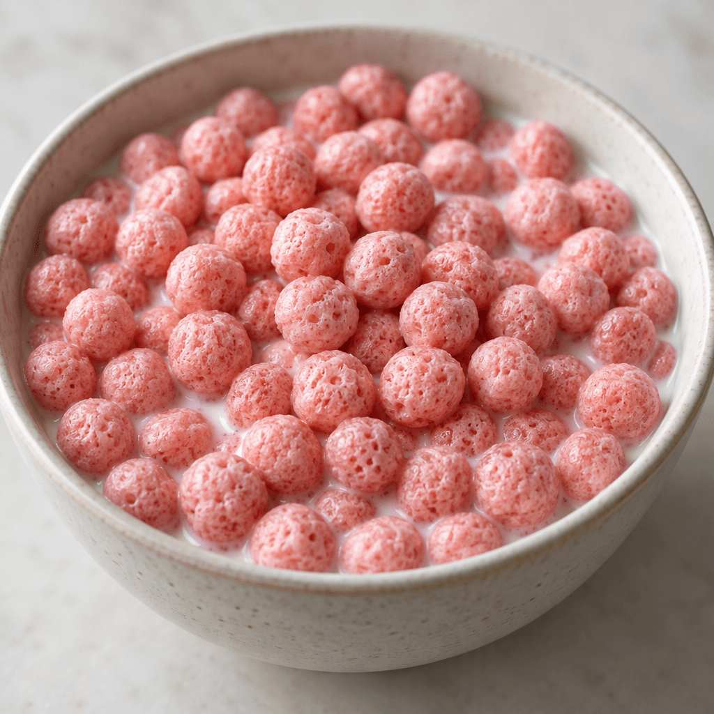 Small, round, lightly puffed cereal pieces in pale strawberry pink fill a bowl, with a little milk visible between them.
