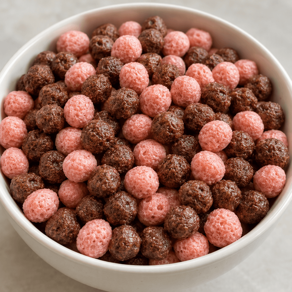 Small, lightly porous puffed cereal pieces in pale strawberry pink and cocoa brown are mixed together in a bowl.