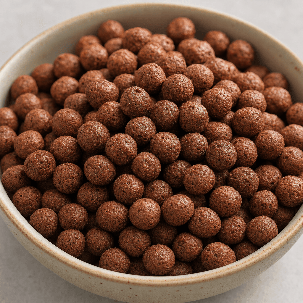 Small, round chocolate-brown cereal balls with a rough, airy, lightly porous surface are piled together in a bowl.