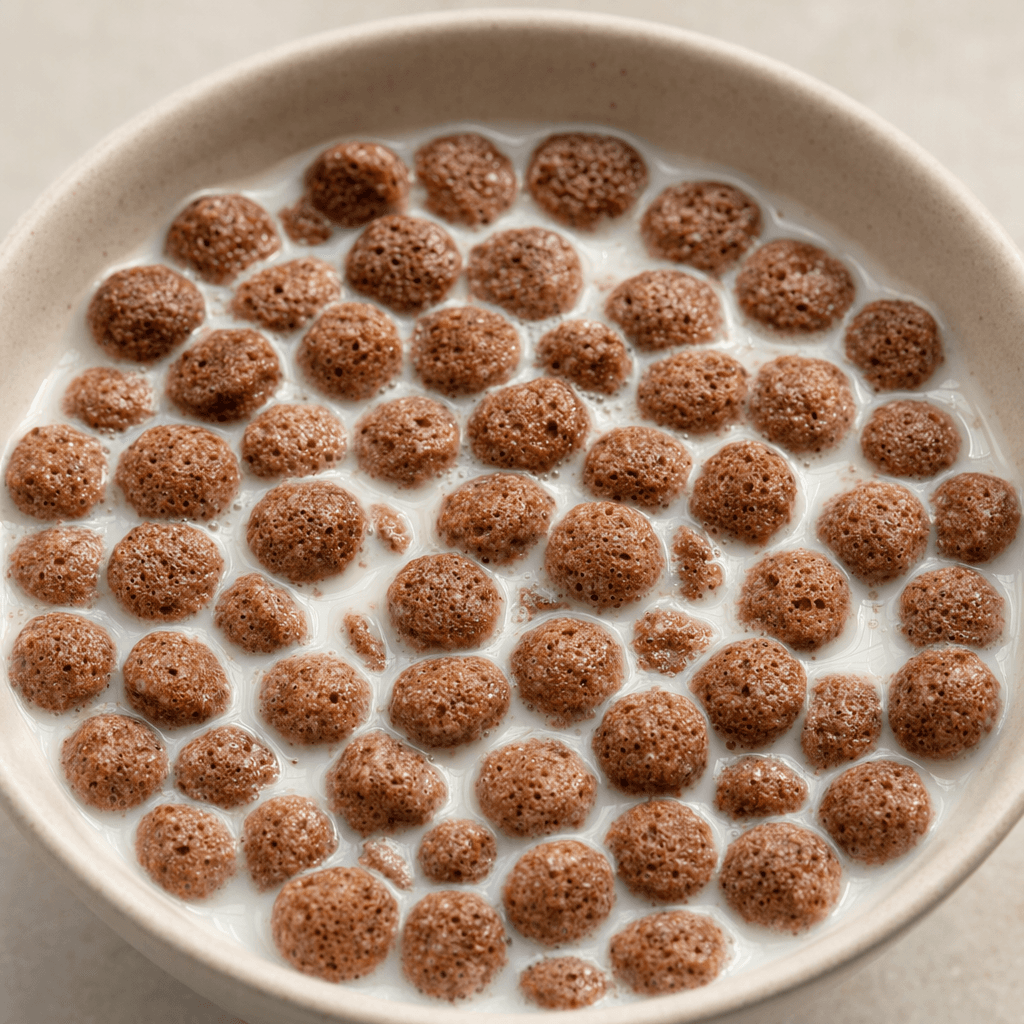 Small, round, porous cocoa-brown cereal pieces sit in a bowl of pale milk, with a few floating on the surface.