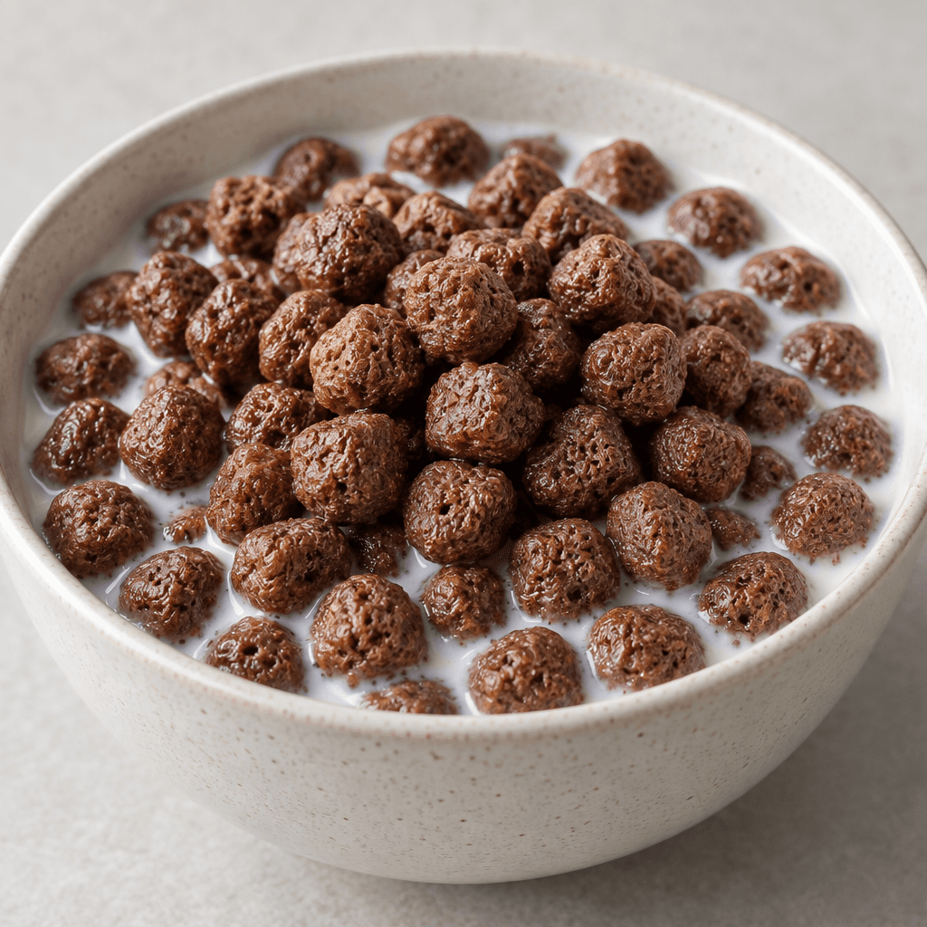 Small, rounded cocoa-brown cereal pieces with lightly bumpy, porous surfaces are piled in a bowl, with a few floating in milk.