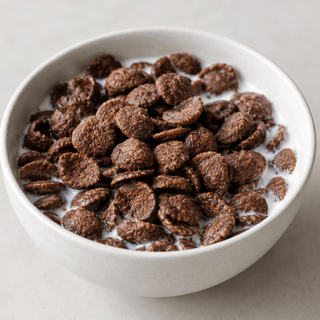 Small, round, slightly flattened cereal pieces in a deep chocolate-brown colour, with a dry, lightly rough surface, piled in a bowl and surrounded by milk.