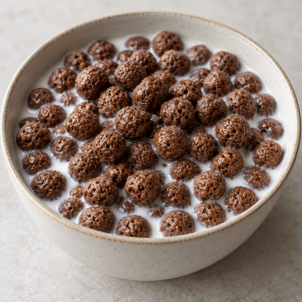 Small, round, cocoa-brown cereal pieces with a lightly rough, porous surface sit in a bowl of milk.