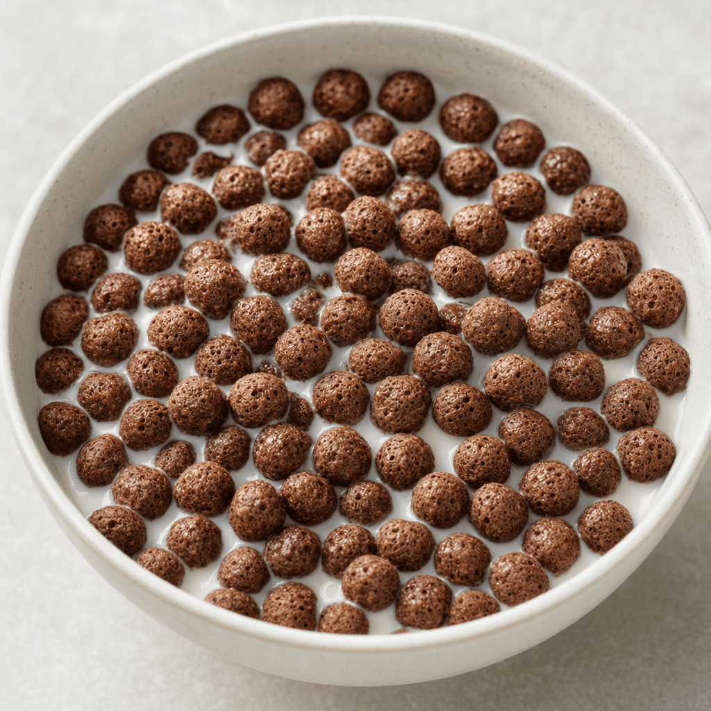 Small, round, puffed cocoa-brown cereal pieces sit in a bowl of milk, their lightly textured surfaces visible above the milk.