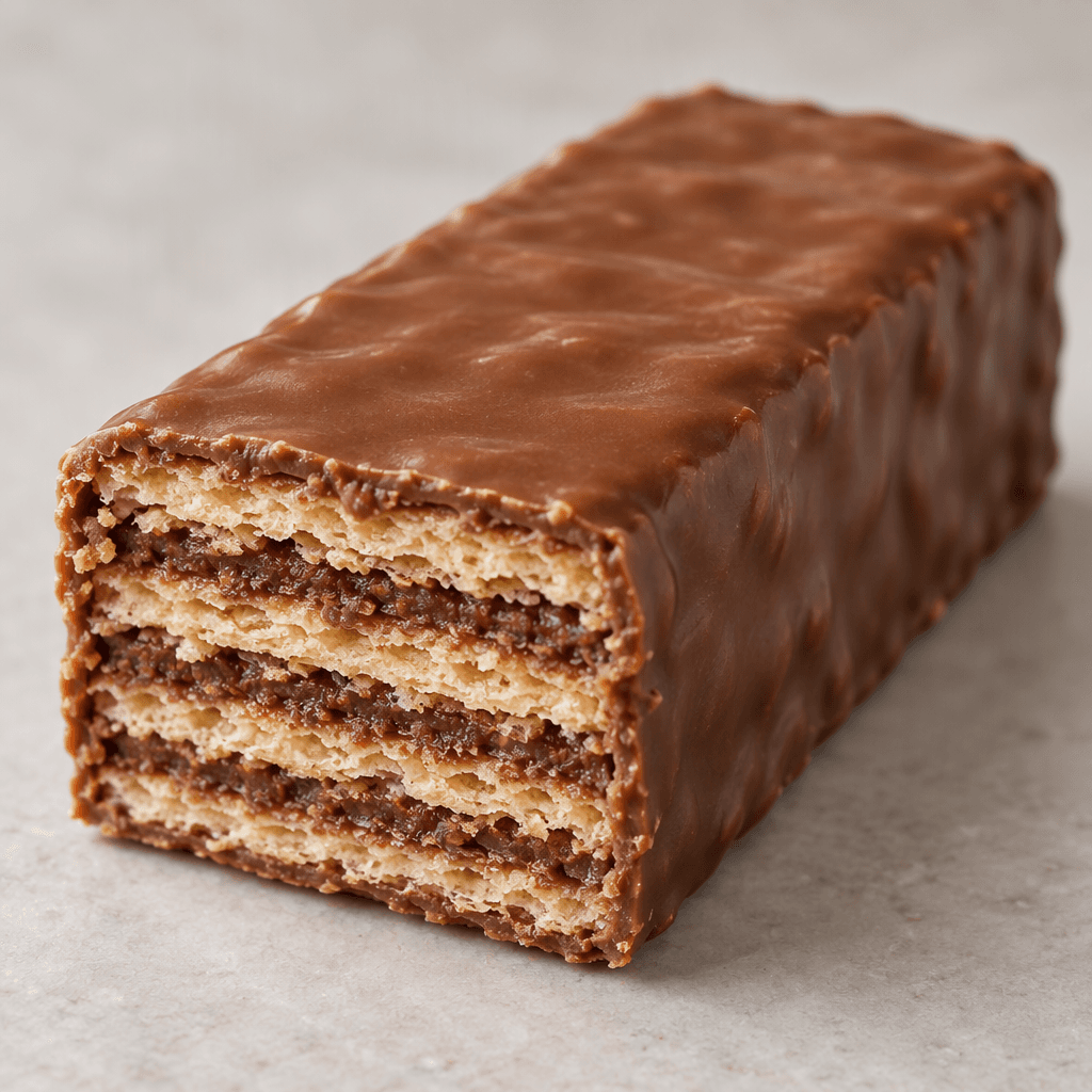 A rectangular wafer bar coated in smooth milk-brown chocolate, with thin crisp wafer layers and darker chocolate filling visible at the cut end.