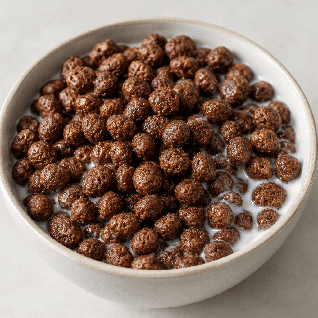Small, round, puffed cereal pieces in a deep cocoa-brown colour fill a bowl, with some pieces partially submerged in white milk.