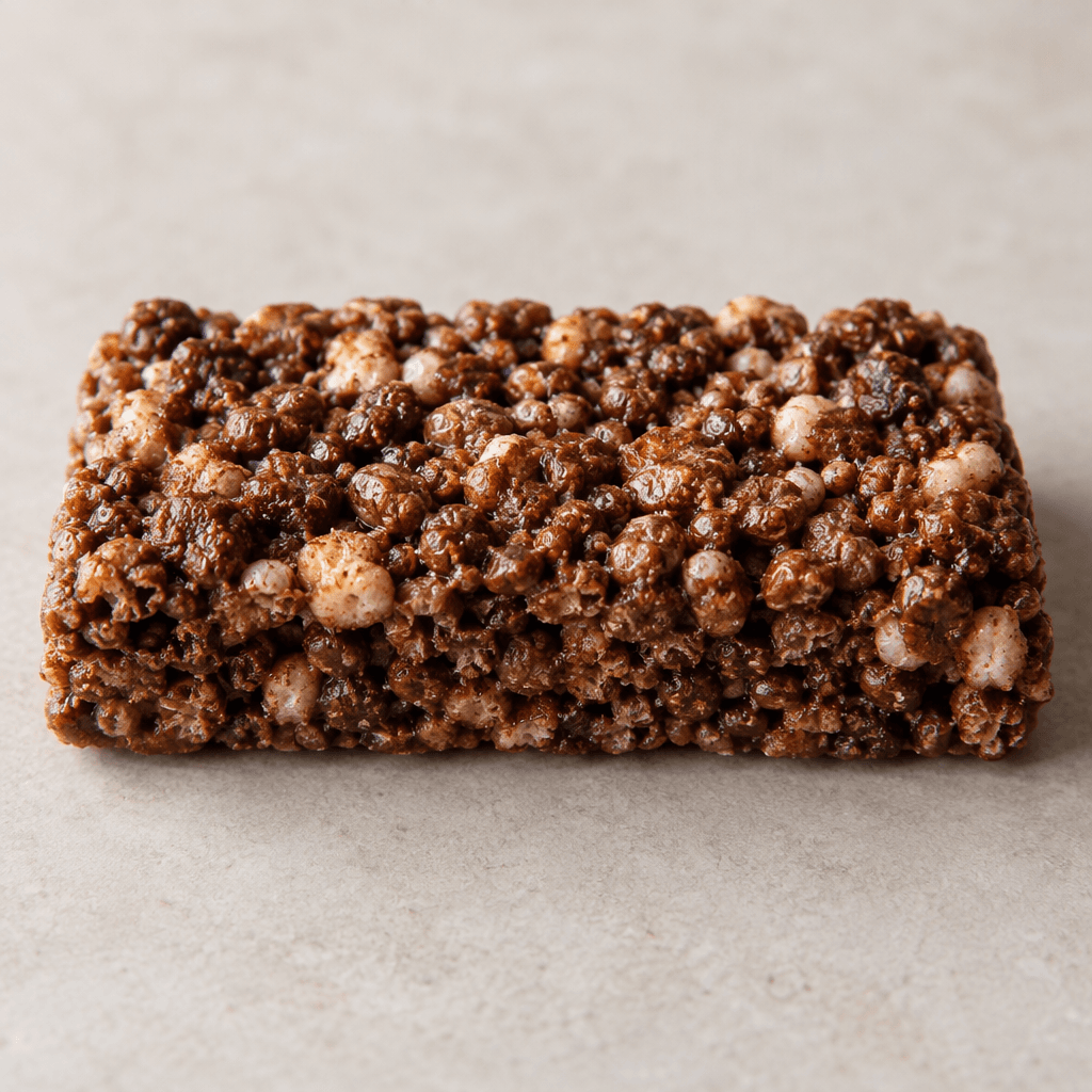 A short, rectangular cocoa cereal bar with a bumpy surface of tightly packed crisp grains in shades of brown, with a few lighter cereal pieces visible.