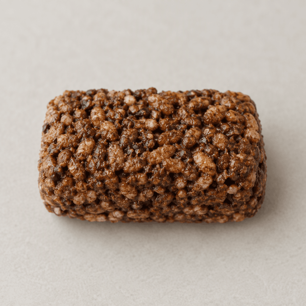 A small rectangular cocoa-brown cereal bar with rounded corners, its compact surface studded with visible crisp cereal pieces.