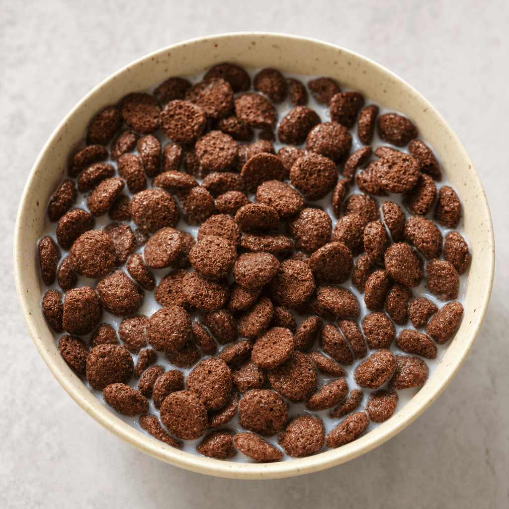 Small, round, dark-brown chocolate cereal pieces with a lightly porous, crisp-looking surface sit in a bowl with milk.