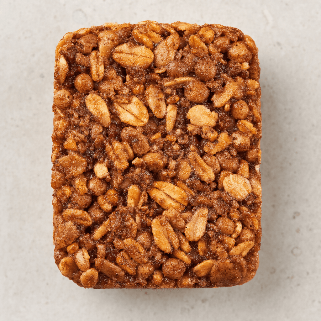 A small, rectangular cocoa-brown bar with rounded corners, its rough surface showing tightly packed whole-grain flakes and crisp cereal pieces.