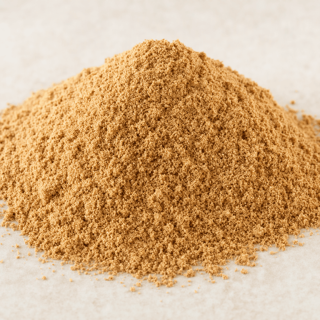 A small mound of fine, loose light-brown powder with a slightly granular texture.
