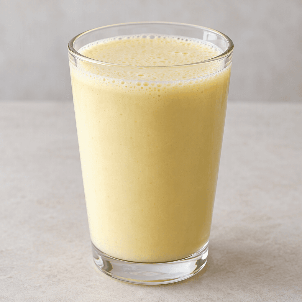 A smooth, opaque, pale-yellow banana-flavored milk fills a clear glass, with a thin layer of tiny bubbles on top.