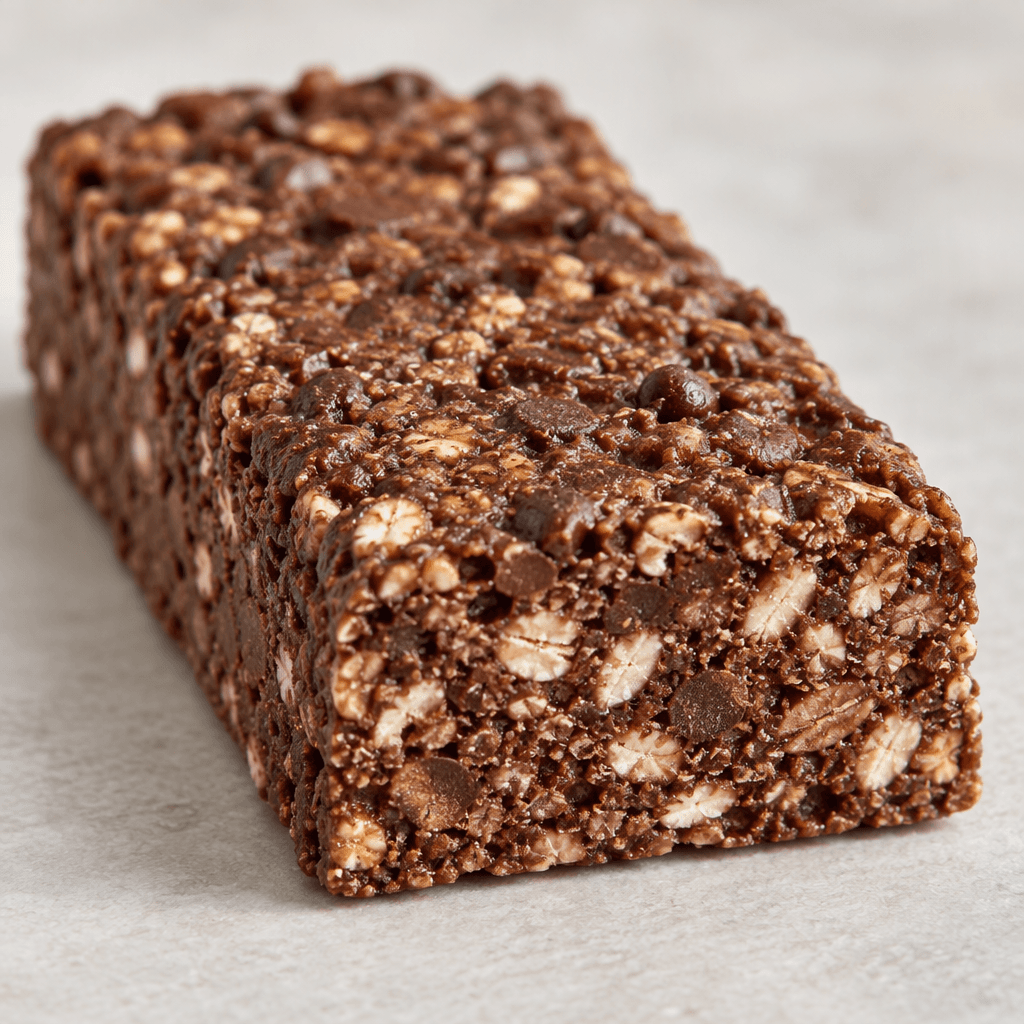 A rectangular chocolate-brown bar with a slightly uneven, grainy surface, visible pale cereal pieces and small crisp bits, shown whole with one end cut to reveal its dense, speckled interior.