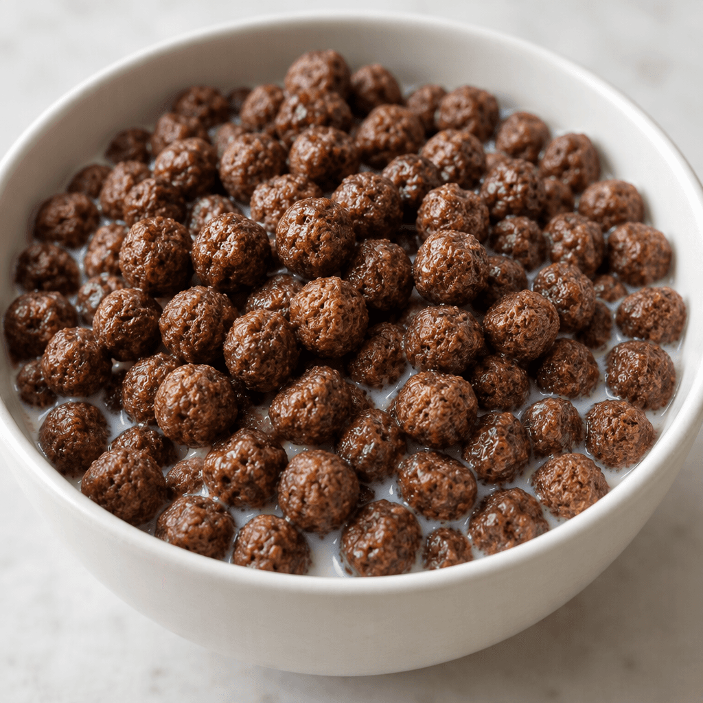 Small, crisp-looking cocoa-brown cereal balls are piled in a bowl, with a little milk visible between them.