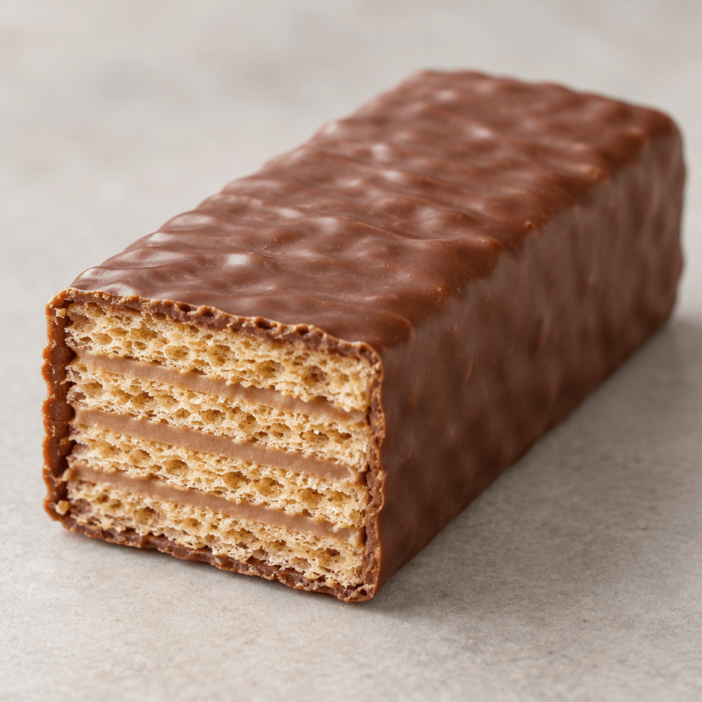 A rectangular wafer bar coated in smooth milk chocolate, with thin crisp golden layers and pale chocolate filling visible at the cut end.