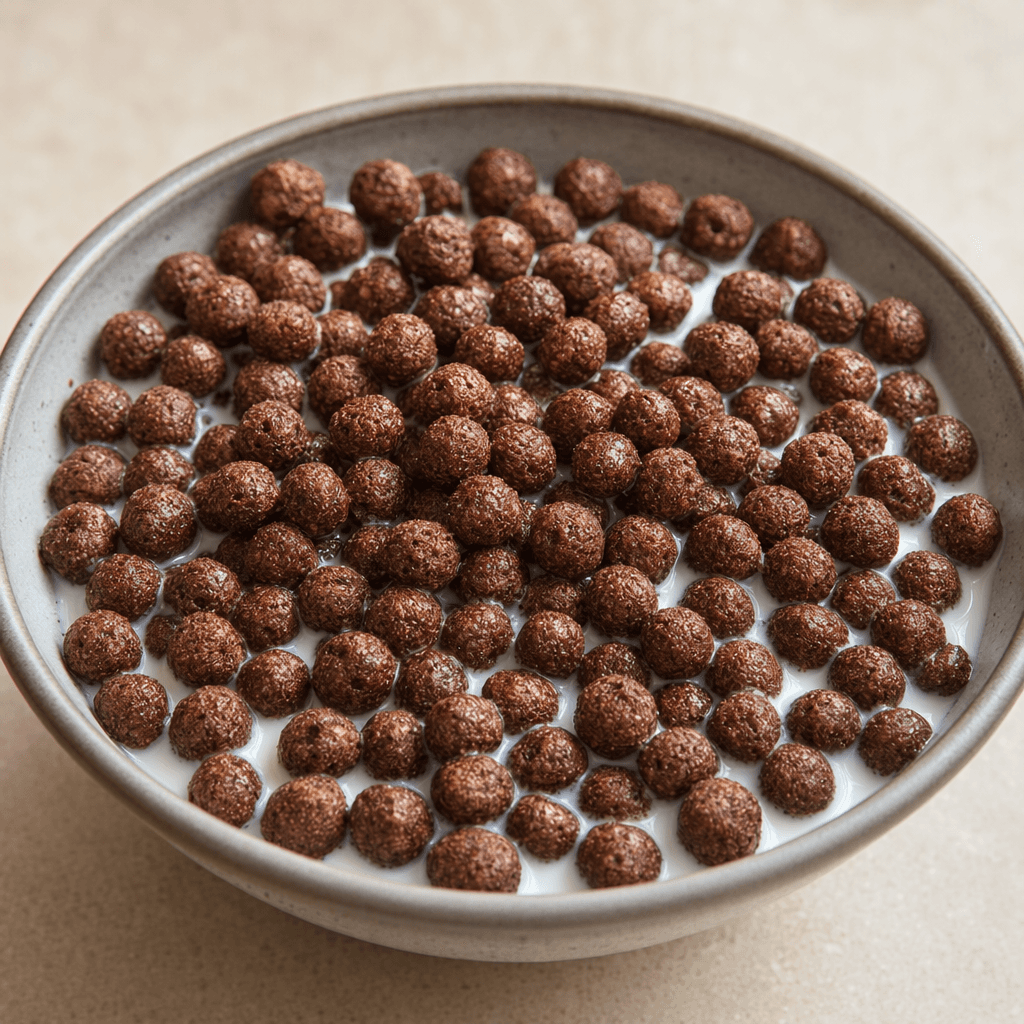 Small, round, dark-brown chocolate cereal balls with a slightly rough, porous surface are piled in a bowl with milk.