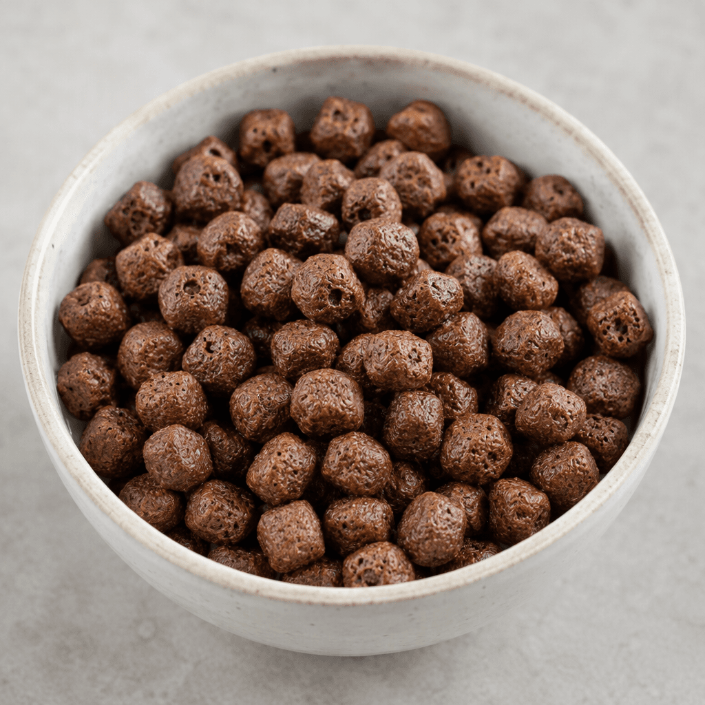 Small, round chocolate-brown cereal balls with a dry, lightly textured surface are scattered in a bowl, some showing darker pores and shallow dimples.