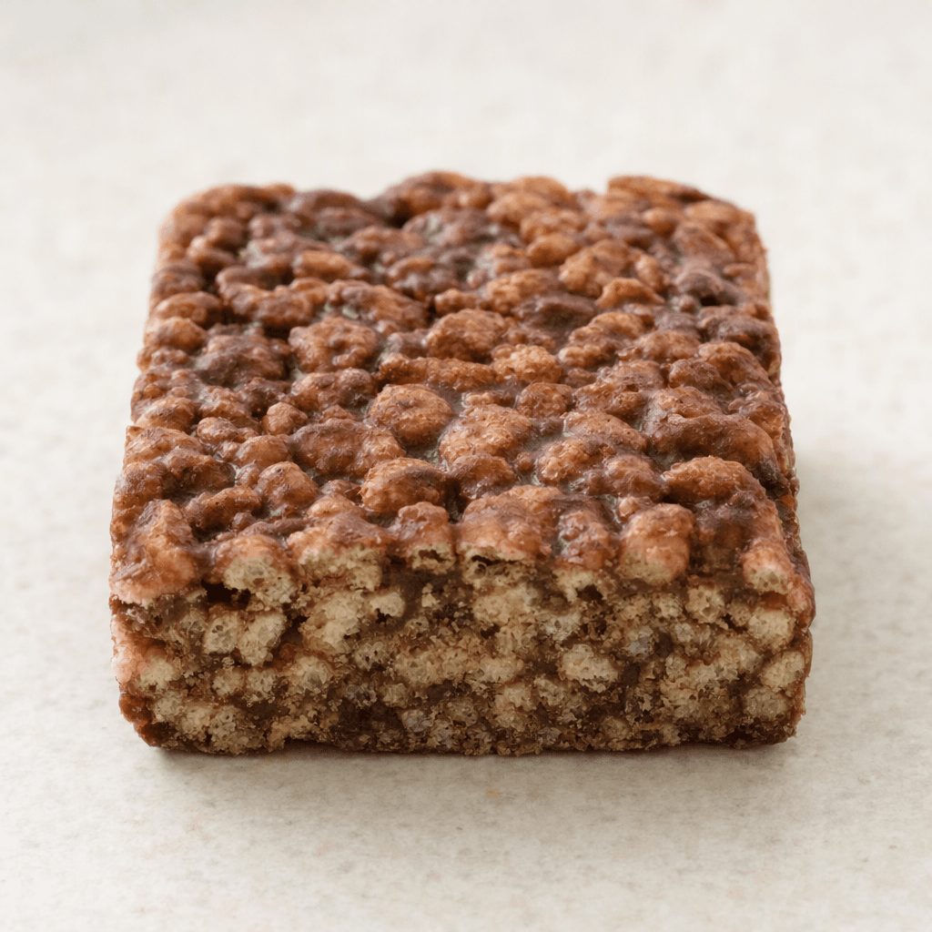 A small rectangular chocolate-brown cereal bar with a bumpy, crisp surface and a lighter, tightly packed grainy interior visible along a broken edge.