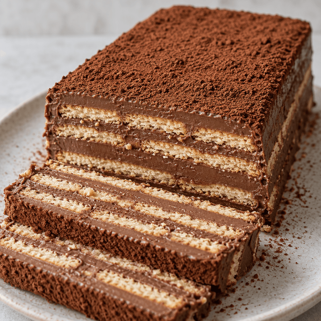 A chilled rectangular dessert is cut into neat slices, showing alternating layers of pale tea biscuits and smooth chocolate-colored cream, with a light dusting of cocoa on top.
