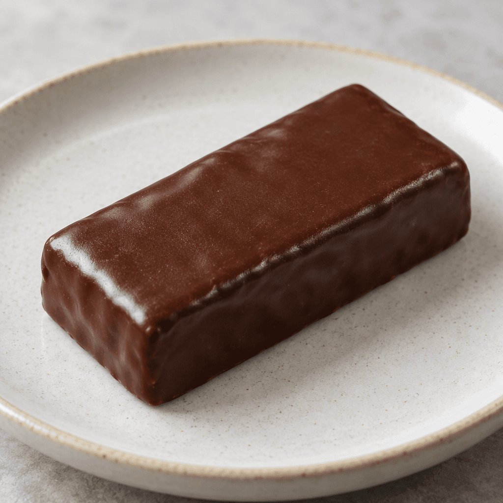 A compact rectangular dark-brown chocolate bar with a smooth, slightly glossy coating and softly rounded edges, shown on a plate.